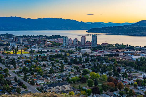 A view of Kelowna British Columbia skyline and Okanagan Lake from Knox Mountain after sunset